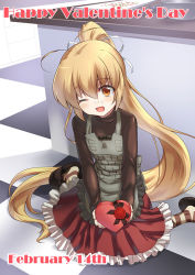 Rule 34 | ;d, apron, blonde hair, blush, checkered floor, dated, happy valentine, indoors, katia waldheim, kitchen, long hair, long sleeves, looking at viewer, makishima azusa, muv-luv, muv-luv alternative, non-web source, official art, one eye closed, open mouth, red eyes, red skirt, schwarzesmarken, sitting, skirt, smile, solo, table, tareme, valentine, very long hair, wariza