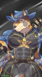 Rule 34 | 1boy, abs, against glass, animal ears, bara, barrel (live a hero), black bodysuit, bodysuit, brown fur, bulge, bulge on glass, bulge press, cheek on glass, cheek squash, cowboy shot, dog boy, dog ears, fingerless gloves, furry, furry male, gloves, hand on glass, highres, large pectorals, live a hero, looking at viewer, male focus, muscular, muscular male, one eye closed, orange fur, pectoral press, pectorals, pectorals on glass, short hair, solo, stomach on glass, thick eyebrows, weedwolfeatmeat