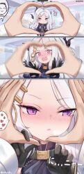 Rule 34 | !?, 1boy, 1girl, 3koma, absurdres, ahoge, doodle sensei (blue archive), artist name, blue archive, blurry, blush, collar, comic, commentary request, demon horns, eyelashes, gloves, hair ornament, hairclip, hands up, heart, heart hands, highres, hina (blue archive), horns, long hair, looking at viewer, multiple horns, nekoya (liu), open mouth, parted bangs, purple eyes, sensei (blue archive), signature, snoot challenge, spoken character, white hair