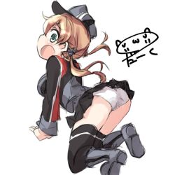 Rule 34 | 10s, 1girl, anchor hair ornament, aqua eyes, ass, bad id, bad twitter id, black skirt, black thighhighs, blonde hair, blush, darkside, hair ornament, hair ribbon, hat, kantai collection, long hair, long sleeves, microskirt, military, military uniform, open mouth, over-kneehighs, panties, peaked cap, pleated skirt, prinz eugen (kancolle), ribbon, sideways mouth, signature, simple background, skirt, solo, thighhighs, twintails, underwear, uniform, white background, white panties