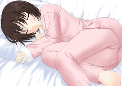 Rule 34 | 1girl, amagami, ass, barefoot, bed sheet, bob cut, breasts, brown hair, closed eyes, closed mouth, commentary request, curled up, dot mouth, expressionless, fetal position, foot out of frame, from above, knees up, light blush, long sleeves, lying, minamori noeru, on bed, on side, pajamas, pants, pillow, pink pajamas, pink pants, pink shirt, shirt, short hair, sleeping, sleeves past wrists, small breasts, soles, solo, tachibana miya