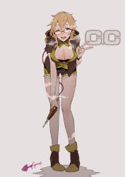 Rule 34 | 1girl, bad id, bad pixiv id, bent over, blonde hair, breasts, brown eyes, brown hair, c.c. (unlight), cleavage, fishine, glasses, large breasts, one eye closed, short hair, sweat, unlight, v, yellow eyes