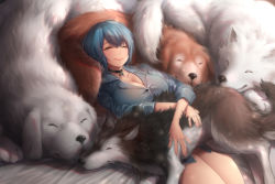 Rule 34 | 1girl, ^ ^, animal collar, blue hair, breasts, cleavage, closed eyes, collar, commentary, dog, closed eyes, lap pillow, large breasts, lying, naidong, naidong (artist), no pants, on back, original, multiple dogs, reclining, short hair, sleeping, smile