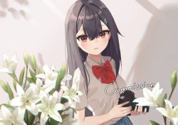 Rule 34 | 1girl, black hair, blouse, bow, camera, collared shirt, commission, flower, hair bow, hair ornament, hairclip, holding, long hair, looking at viewer, minn (kangjm1107), original, parted lips, red eyes, shirt, short sleeves, solo, upper body, white flower, white shirt