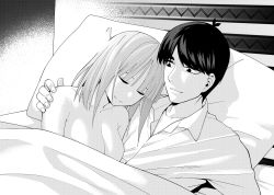 Rule 34 | 1boy, 1girl, bed, bed sheet, breasts, cleavage, closed eyes, clothed male nude female, collarbone, go-toubun no hanayome, greyscale, hand on another&#039;s shoulder, highres, hug, kosmos beta, large breasts, looking at another, lying, monochrome, nakano nino, nude, on bed, pillow, shirt, topless, uesugi fuutarou, under covers, white shirt