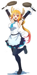 Rule 34 | 1girl, absurdres, apron, armpits, arms up, bare shoulders, black footwear, black skirt, black thighhighs, blue necktie, blush, breasts, collared shirt, commentary request, detached sleeves, fang, frying pan, full body, gloves, gradient hair, highres, holding, holding frying pan, horns, kobayashi-san chi no maidragon, large breasts, long hair, looking at viewer, low ponytail, maid, maid headdress, mandei (nao 1234567), multicolored hair, necktie, open mouth, orange eyes, orange hair, pantyhose, red hair, shadow, shirt, shoes, simple background, skirt, sleeveless, sleeveless shirt, solo, standing, standing on one leg, thighhighs, tohru (maidragon), very long hair, waist apron, white apron, white background, white gloves, white shirt