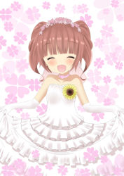 Rule 34 | 1girl, bad id, bad pixiv id, bare shoulders, blush, bridal veil, brown hair, clothes lift, curtsey, dress, dress lift, elbow gloves, flower, formal, gloves, hair flower, hair ornament, idolmaster, idolmaster (classic), morinaoekaki, open mouth, short hair, smile, solo, takatsuki yayoi, twintails, veil, wedding dress