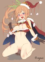Rule 34 | 10s, 1girl, artist name, black gloves, blue eyes, blush, bottomless, bouncing breasts, bra, bra pull, breasts, brown hair, cape, censored, clarisse (granblue fantasy), clothes pull, cowgirl position, disembodied penis, girl on top, gloves, granblue fantasy, hat, hetero, large breasts, long hair, mosaic censoring, naked cape, navel, nipples, open mouth, penis, ponytail, santa hat, sex, solo focus, straddling, sweat, tongue, tongue out, torogao, underwear, vaginal, yua (checkmate)
