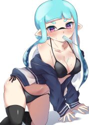 Rule 34 | 1girl, arm support, bikini, black bikini, black thighhighs, blue hair, blue jacket, blunt bangs, blush, breasts, cleavage, commentary, food, food in mouth, food on body, food on breasts, halterneck, highres, inkling, inkling girl, inkling player character, jacket, kneeling, leaning to the side, long hair, long sleeves, looking at viewer, medium breasts, mouth hold, navel, nintendo, no pants, off shoulder, open clothes, open jacket, penguin maru (penginmaru), pointy ears, popsicle, popsicle in mouth, purple eyes, shadow, side-tie bikini bottom, simple background, solo, splatoon (series), swimsuit, tentacle hair, thighhighs, track jacket, twintails, white background