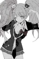 Rule 34 | 1girl, bear hair ornament, bebe 1, blush, bow, breasts, cleavage, collarbone, contrapposto, danganronpa: trigger happy havoc, danganronpa (series), enoshima junko, hair ornament, hand on own hip, large breasts, leaning to the side, miniskirt, necktie, pleated skirt, shirt, short sleeves, skirt, smile, solo, twintails, two-tone necktie