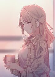 Rule 34 | 1girl, blurry, blurry background, breasts, brown eyes, brown hair, brown jacket, cleavage, closed mouth, cup, evening, from side, hair bun, hair ribbon, highres, holding, holding cup, ichikawa hinana, idolmaster, idolmaster shiny colors, indoors, jacket, long hair, looking away, looking down, medium breasts, mug, norada, open clothes, open jacket, parted bangs, plaid, plaid jacket, ribbon, shirt, single hair bun, single side bun, solo, white ribbon, white shirt, window