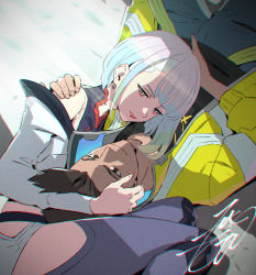 Rule 34 | 1boy, 1girl, bare shoulders, blue hair, blunt bangs, bob cut, brown eyes, brown hair, coat, cyberpunk (series), cyberpunk edgerunners, david martinez, green hair, grey hair, grey pants, grey thighhighs, half-closed eyes, hand on another&#039;s face, hand on another&#039;s shoulder, highres, jacket, kobayashi gen, lap pillow, long sleeves, looking at another, lucy (cyberpunk), makeup, multicolored hair, orange coat, pale skin, pants, short hair, signature, thighhighs, white jacket