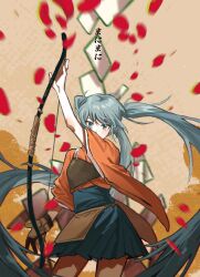 Rule 34 | 1girl, absurdly long hair, archery, arm up, blue eyes, blue hair, blue hakama, blurry, blurry background, bow (weapon), brown background, chiko (berry), contrapposto, covered mouth, cowboy shot, floating hair, gloves, hakama, hakama short skirt, hakama skirt, hanging scroll, hatsune miku, highres, holding, holding bow (weapon), holding weapon, japanese clothes, kimono, kyuudou, long hair, looking at viewer, mani mani, mani mani (vocaloid), motion blur, muneate, orange kimono, partially fingerless gloves, partly fingerless gloves, petals, scroll, skirt, solo, song name, translation request, twintails, very long hair, vocaloid, weapon, wide sleeves, yugake, yumi (bow)
