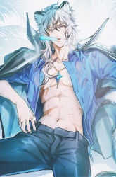 1boy abs absurdres animal_ear_fluff animal_ears arknights black_cape black_hair black_pants blue_shirt cape dripping food grey_eyes hair_between_eyes highres jewelry leopard_boy leopard_ears leopard_tail male_focus mouth_hold multicolored_hair necklace open_clothes open_shirt pants popsicle scar scar_on_chest shirt silver_hair silverash_(arknights) silverash_(seeker)_(arknights) solo sumirou-kun sweat tail toned toned_male