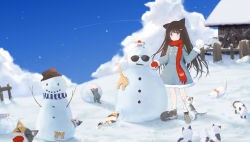 Rule 34 | 1girl, animal, animal ears, blue sky, blush, boots, brown hair, building, carrot, cat, cat ears, christmas, closed mouth, cloud, commentary request, day, dress, fence, fringe trim, fufumi, fur-trimmed boots, fur-trimmed dress, fur-trimmed headwear, fur-trimmed mittens, fur trim, grey dress, grey footwear, hair ornament, hairclip, hat, highres, holding, long hair, mittens, original, outdoors, purple eyes, red hat, red mittens, red scarf, santa hat, scarf, single mitten, sky, snow, snowball, snowman, solo, standing, sunglasses, very long hair