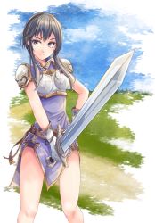 Rule 34 | 1girl, armor, bare legs, black hair, breastplate, closed mouth, dress, fire emblem, fire emblem: genealogy of the holy war, fuussu (21-kazin), gloves, grey eyes, hand on own hip, holding, holding sword, holding weapon, larcei (fire emblem), looking at viewer, nintendo, purple dress, short dress, short hair with long locks, shoulder armor, side slit, sidelocks, smile, solo, standing, sword, weapon, white gloves