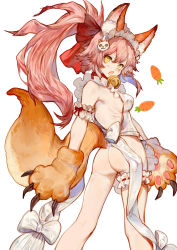 Rule 34 | 10s, 1girl, absurdres, animal ears, animal hands, apron, ass, bell, blush, bow, breasts, bridal garter, carrot print, cat hair ornament, claws, collar, fang, fate/extra, fate/grand order, fate (series), food print, fox ears, fox tail, frills, from behind, gloves, hair between eyes, hair ornament, hair ribbon, highres, jingle bell, long hair, looking at viewer, looking back, maid headdress, medium breasts, naked apron, neck bell, no panties, open mouth, paw gloves, pink hair, ponytail, red ribbon, ribbon, ribbon trim, rosette (yankaixuan), sideboob, simple background, solo, tail, tamamo (fate), tamamo cat (fate), tamamo cat (third ascension) (fate), tamamo no mae (fate/extra), white background, white bow, yellow eyes