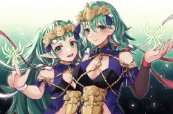 Rule 34 | 2girls, :d, absurdres, bare shoulders, braid, breasts, byleth (female) (fire emblem), byleth (fire emblem), cleavage, clothing cutout, cosplay, fire emblem, fire emblem: three houses, gradient background, green eyes, green hair, highres, large breasts, long hair, looking at viewer, medium hair, multiple girls, nintendo, official alternate costume, open mouth, patterned legwear, pointy ears, reia hana, ribbon braid, side braid, smile, sothis (fire emblem), sothis (fire emblem) (cosplay), stomach cutout, tiara, twin braids, twitter username, upper body, very long hair