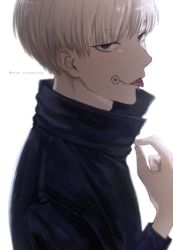 Rule 34 | 1boy, black jacket, brown eyes, facial tattoo, hand up, high collar, inumaki toge, jacket, jujutsu kaisen, long sleeves, looking at viewer, male focus, open mouth, short hair, simple background, sira julyspring, solo, tattoo, tongue, tongue out, tongue tattoo, twitter username, unzipping, upper body, white background, white hair, zipper