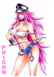 Rule 34 | 1girl, blue eyes, breasts, capcom, character name, choker, cuffs, final fight, handcuffs, hat, large breasts, long hair, midriff, navel, pink hair, poison (final fight), short shorts, shorts, solo, tank top