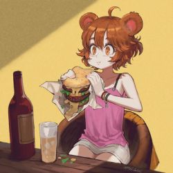 Rule 34 | 1girl, :t, ahoge, alcohol, animal ears, artist name, bare arms, bare shoulders, bear ears, blush, bracelet, brown eyes, brown hair, burger, cheese, commentary request, commission, copyright request, eating, food, glass, grey skirt, highres, holding, holding food, jewelry, jun (navigavi), miniskirt, pink tank top, short hair, sitting, skeb commission, skirt, solo, sparkling eyes, tail, tank top