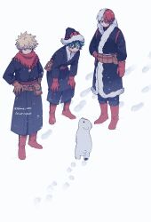 Rule 34 | 3boys, 7th popularity poll (boku no hero academia), animal, bakugou katsuki, bear, black coat, black headwear, black pants, blonde hair, boku no hero academia, boots, brown gloves, closed mouth, coat, commentary request, cub, footprints, freckles, fur-trimmed headwear, fur trim, gloves, green eyes, green hair, hands on own hips, hat, highres, long sleeves, looking at animal, male focus, midoriya izuku, mittens, multicolored hair, multiple boys, official alternate costume, open mouth, pants, polar bear, red eyes, red footwear, red hair, red mittens, red scarf, sakura 0270, scarf, short hair, snow, spiked hair, split-color hair, standing, todoroki shouto, twitter username, white hair, winter clothes