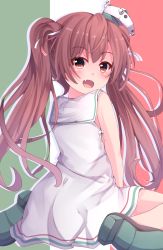 Rule 34 | 10s, 1girl, :d, alternate skin color, bare arms, brown eyes, brown hair, dress, fang, hair ribbon, highres, italian flag, kantai collection, libeccio (kancolle), long hair, open mouth, ribbon, sailor dress, simple background, smile, solo, striped, striped background, sumioo (sumikko no ousama), twintails