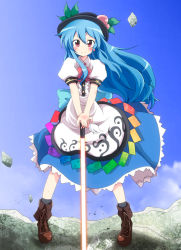 Rule 34 | &gt;:), 1girl, blue hair, blush, boots, cross-laced footwear, day, female focus, food, fruit, hands on hilt, hat, hinanawi tenshi, lace-up boots, long hair, massala, peach, pigeon-toed, red eyes, sky, solo, sword, sword of hisou, touhou, v-shaped eyebrows, weapon