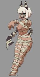 Rule 34 | 1girl, absurdres, areola slip, bandages, barefoot, blue eyes, bob cut, cat girl, claws, dark-skinned female, dark skin, eyebrows hidden by hair, fangs, full body, grey background, highres, looking at viewer, ms. fortune (skullgirls), muds (tentacles r us), mummy costume, navel, open mouth, outstretched arms, scar, short hair, skullgirls, solo, tongue, tongue out, white hair