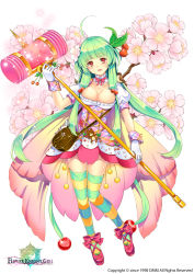 Rule 34 | 1girl, ahoge, bag, bow, breasts, cherry blossoms, cherry hair ornament, cherry print, choker, city forest online, cleavage, copyright name, flower, flower knight girl, food-themed hair ornament, food print, full body, gloves, green hair, hair bobbles, hair ornament, hammer, large breasts, long hair, looking at viewer, multicolored clothes, multicolored legwear, name connection, object namesake, official art, pink bow, pink footwear, red eyes, sakuranbo (flower knight girl), shoes, skirt, smile, solo, standing, striped clothes, striped thighhighs, thighhighs, white background, white gloves