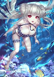 Rule 34 | 1girl, alternate costume, azur lane, bikini, blush, braid, breasts, bubble, cleavage, coral reef, double bun, finx, fish, formidable (azur lane), formidable (the lady of the beach) (azur lane), highres, large breasts, long hair, looking at viewer, open mouth, red eyes, sidelocks, swimsuit, underwater, very long hair
