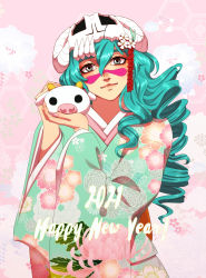 Rule 34 | 1girl, 2021, absurdres, alternate costume, alternate hairstyle, animal, bleach, blue kimono, cow, drill hair, facial mark, floral print, green hair, grey eyes, hair between eyes, happy new year, highres, holding, holding animal, japanese clothes, kimono, looking at viewer, nelliel tu odelschwanck, new year, pink background, print kimono, skull on head, solo, tsukizawr