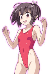 Rule 34 | 1girl, black hair, breasts, brown eyes, collarbone, commentary request, cowboy shot, hai (h81908190), hair ornament, highleg, highleg leotard, leotard, petals, red leotard, short hair, simple background, small breasts, solo, standing, to heart (series), to heart 2, twintails, white background, yuzuhara konomi