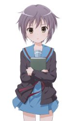 Rule 34 | 1girl, blue sailor collar, blue skirt, book, hugging book, brown cardigan, brown eyes, buchi (y0u0ri ), cardigan, collarbone, commentary request, cowboy shot, expressionless, holding, holding book, kita high school uniform, long sleeves, looking at viewer, nagato yuki, hugging object, open cardigan, open clothes, parted lips, purple hair, red ribbon, ribbon, sailor collar, school uniform, serafuku, short hair, simple background, skirt, solo, standing, suzumiya haruhi no yuuutsu, white background
