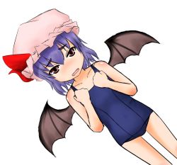 Rule 34 | 1girl, bad id, bad pixiv id, bat wings, blue hair, fang, female focus, madhand, one-piece swimsuit, red eyes, remilia scarlet, school swimsuit, simple background, solo, swimsuit, touhou, white background, wings