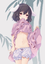 Rule 34 | 1girl, animal ears, bamboo, black hair, bloomers, bloomers pull, clothes lift, commentary request, cowboy shot, dress, dress lift, duplicate, grey background, inaba tewi, lifted by self, light smile, looking at viewer, mouth hold, navel, panties, panties under bloomers, pink dress, puffy short sleeves, puffy sleeves, pulled by self, purin jiisan, rabbit ears, red eyes, ribbon-trimmed dress, short hair, short sleeves, solo, stomach, touhou, underwear, white panties