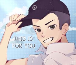 Rule 34 | 1boy, baseball cap, beard, black eyes, black hair, black hat, buzz cut, cloud, collared shirt, commentary, emi star, english commentary, english text, facial hair, hat, iori junpei, looking at viewer, male focus, parted lips, persona, persona 3, portrait, shirt, short hair, sky, smile, solo, v-shaped eyebrows, very short hair, white shirt
