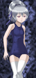 Rule 34 | 1girl, bare shoulders, darker than black, female focus, highres, pink eyes, silver hair, solo, swimsuit, thighhighs, yin (darker than black)
