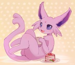 Rule 34 | :3, ancesra, animal focus, artist name, blush, brown background, cake, cake slice, cheesecake, coffee, colored sclera, creatures (company), cup, drink, espeon, fangs, food, forehead jewel, forked tail, from side, fruit, full body, game freak, gen 2 pokemon, hand up, happy, highres, holding, holding cup, holding drink, leaning back, legs up, looking at viewer, mug, nintendo, no humans, open mouth, pink gemstone, plate, pokemon, pokemon (creature), polka dot, polka dot background, purple eyes, purple sclera, simple background, sitting, sketch, skin fangs, smile, solo, steam, strawberry, tail, watermark