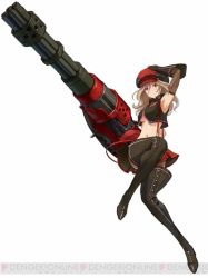 Rule 34 | 10s, 1girl, alisa ilinichina amiella, armpits, blue eyes, boots, breasts, cabbie hat, elbow gloves, fingerless gloves, gatling gun, gloves, god eater, god eater burst, gun, hat, huge weapon, long hair, namco, official art, pantyhose, plaid, plaid skirt, project x zone, skirt, solo, suspender skirt, suspenders, thigh boots, thighhighs, underboob, watermark, weapon, white hair
