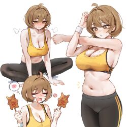 Rule 34 | 1girl, :3, absurdres, ahoge, bare shoulders, belly, black pants, breasts, bright pupils, brown eyes, brown hair, cleavage, commentary request, drooling, food, gompang 11, hair intakes, highres, holding, holding food, indian style, korean commentary, large breasts, looking down, midriff, mouth drool, multiple views, navel, original, pants, plump, short hair, simple background, sitting, skindentation, spoken animal, sports bra, stomach, stretching, sweat, upper body, white background, white pupils, yellow sports bra