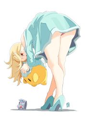 Rule 34 | 1girl, ass, automatic giraffe, bare shoulders, bent over, blonde hair, blush, breasts, crown, dress, earrings, gloves, hair over one eye, jewelry, legs, long hair, looking at viewer, luma (mario), mario (series), nintendo, red eyes, rosalina, smile, solo, star (symbol), star earrings, super mario galaxy, super smash bros., underwear, upskirt, white background
