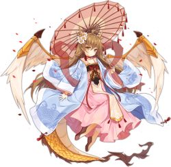 Rule 34 | 1girl, ark order, blue jacket, brown footwear, brown hair, chinese clothes, choker, dango remi, dragon horns, dragon tail, dragon wings, dress, feathered wings, flower, full body, hagoromo, hair flower, hair ornament, hanfu, holding, holding umbrella, horns, jacket, long hair, long sleeves, looking at viewer, official art, oil-paper umbrella, pink dress, red choker, red ribbon, ribbon, shawl, sidelocks, solo, tabard, tachi-e, tail, tassel, transparent background, umbrella, wave print, white flower, white wings, wide sleeves, wings, yellow eyes, yinglong (ark order)
