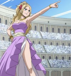 Rule 34 | 1girl, bare shoulders, blonde hair, blue eyes, breasts, cleavage, earrings, fairy tail, female focus, flower, gold, hair flower, hair ornament, highres, jenny realight, jewelry, large breasts, long hair, necklace, screencap, smile, solo, standing, stitched, tattoo, third-party edit