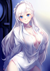 Rule 34 | 1girl, absurdres, arm at side, azur lane, belfast (azur lane), blue eyes, blush, breasts, buttons, cleavage, closed mouth, collarbone, commentary request, contrapposto, dress shirt, eyelashes, fingernails, hand on own chest, highres, large breasts, long hair, long sleeves, looking at viewer, maid headdress, medium breasts, mikoto (mio), no bra, shirt, sidelocks, sleeves past wrists, smile, solo, unbuttoned, unbuttoned shirt, very long hair, white hair, white shirt, wing collar