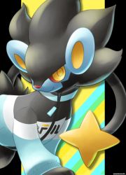 Rule 34 | closed mouth, clothed pokemon, colored sclera, commentary request, creatures (company), game freak, gen 4 pokemon, highres, jacket, long sleeves, looking at viewer, luxray, nintendo, no humans, pokemon, pokemon (creature), red sclera, sasabunecafe, smile, solo, yellow eyes, yellow pupils, zipper, zipper pull tab