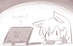 Rule 34 | 1girl, animal ear fluff, animal ears, asus, computer, crying, crying with eyes open, greyscale, hair between eyes, halo, imaizumi kagerou, laptop, long hair, long sleeves, monochrome, portrait, solo, tears, touhou, wolf ears, wool (miwol), | |
