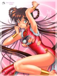 Rule 34 | 1990s (style), 1girl, :o, armpits, arms up, blush, bracelet, breasts, brown hair, china dress, chinese clothes, dress, female focus, highres, jewelry, legs, long hair, looking at viewer, mamono hunter youko, mano youko, medium breasts, nipples, no bra, no panties, open mouth, red dress, solo, torn clothes, torn dress, very long hair
