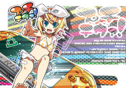 Rule 34 | 1girl, :d, barefoot, bikini, handheld game console, kagamine rin, negi (ulog&#039;be), open mouth, playstation portable, project diva, project diva (series), smile, solo, swimsuit, through medium, through screen, toes, vocaloid