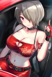 Rule 34 | 1girl, armband, bare shoulders, belt, bikini, bikini top only, black belt, black choker, black gloves, bracelet, breasts, brown hair, car, car interior, choker, cleavage, cleavage cutout, clothes writing, clothing cutout, copyright name, fingerless gloves, gloves, hair over one eye, highres, honkai (series), honkai impact 3rd, index finger raised, jewelry, large breasts, looking at viewer, miniskirt, mole, mole under eye, motor vehicle, navel, o-ring, o-ring belt, purple eyes, race queen, red bikini, red gloves, red skirt, rita rossweisse, short hair, sitting, skirt, slash-ex, smile, solo, stomach, strap gap, swimsuit, two-tone gloves